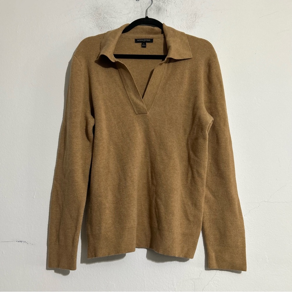 Banana Republic Factory Johnny Collar Sweater Brown Sugar Large Neutral Minimal
